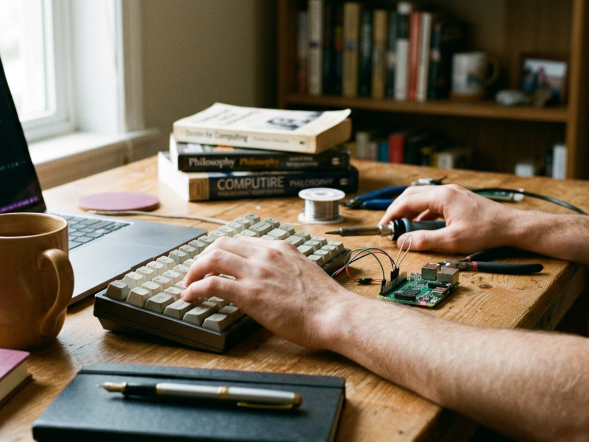 A working desk with a monitor and keyboard
